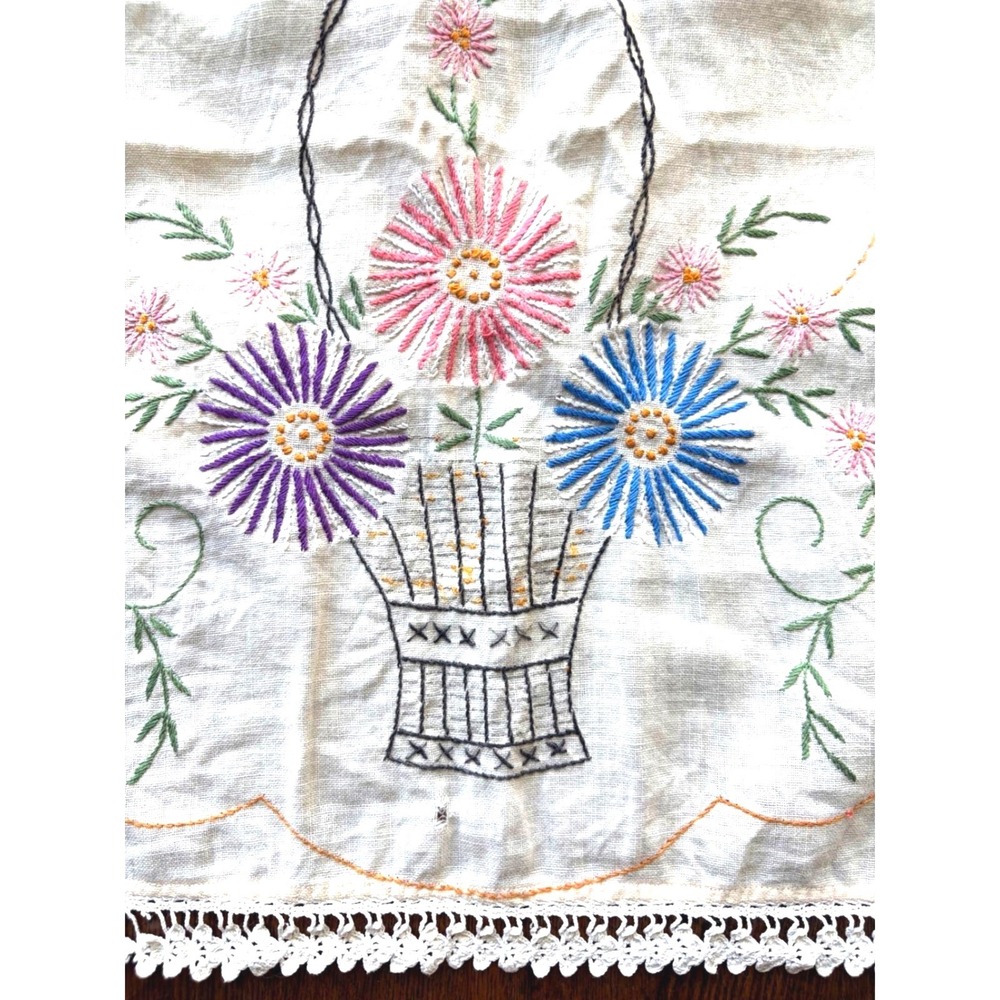 Vintage Hand Embroidered Floral‎ Basket Table Runner Cream Linen 41in